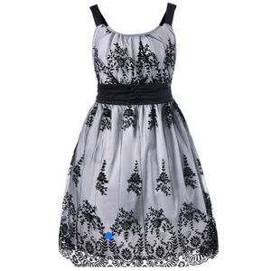 Black/Silver Embossed Lace Overlay Cocktail Dress